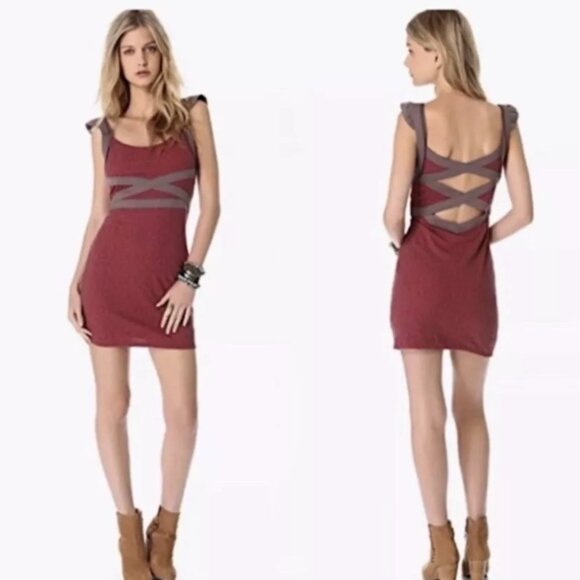 Free People Cross My Heart Bodycon Cut Out Red Brown Knit Dress Large Boho Indie - Picture 1 of 12